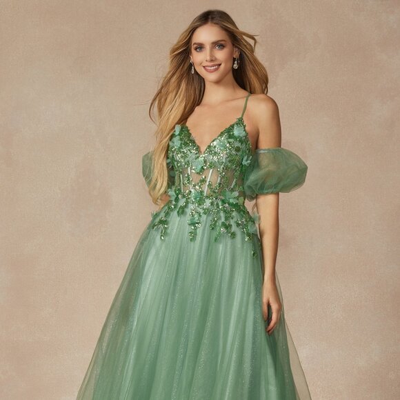 NEW FLOOR LENGTH OFF SHOULDER A-LINE DRESS WITH REMOVABLE PUFF SLEEVES JT 2401 - Picture 4 of 11